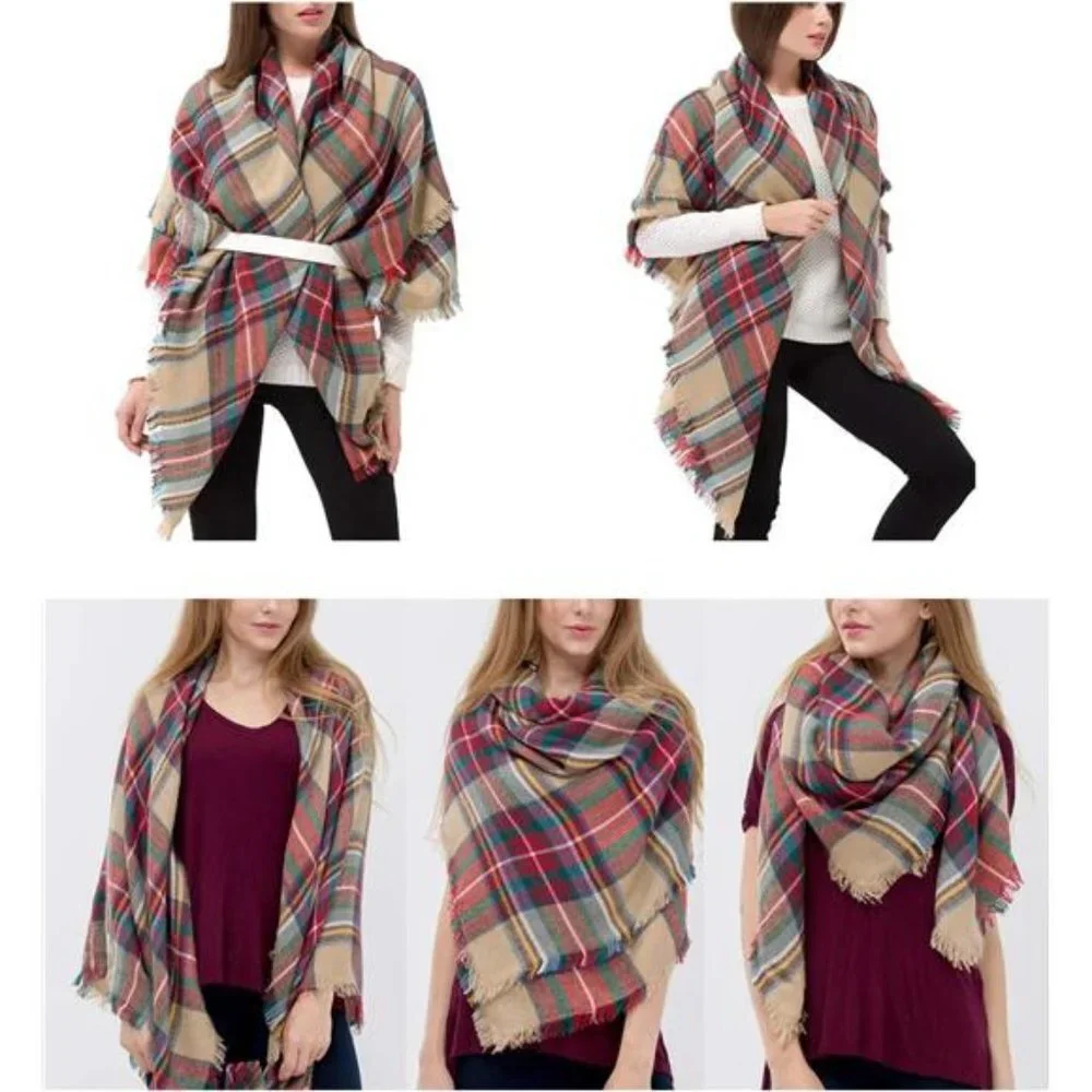 Plaid Print‎ Oversized Blanket Scarf Tartan Checked Shawl Wrap Pashmina Red